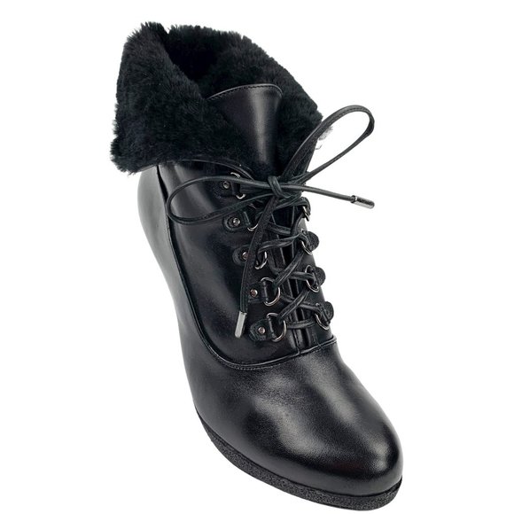 KENNETH COLE NY Mason Black Leather Fold Over Faux Fur Booties - Picture 4 of 11